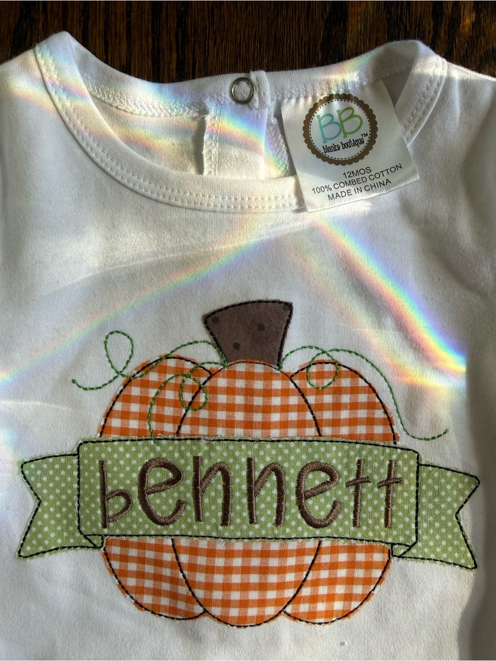 Personalized White Kids Tee with Orange Gingham Pumpkin -